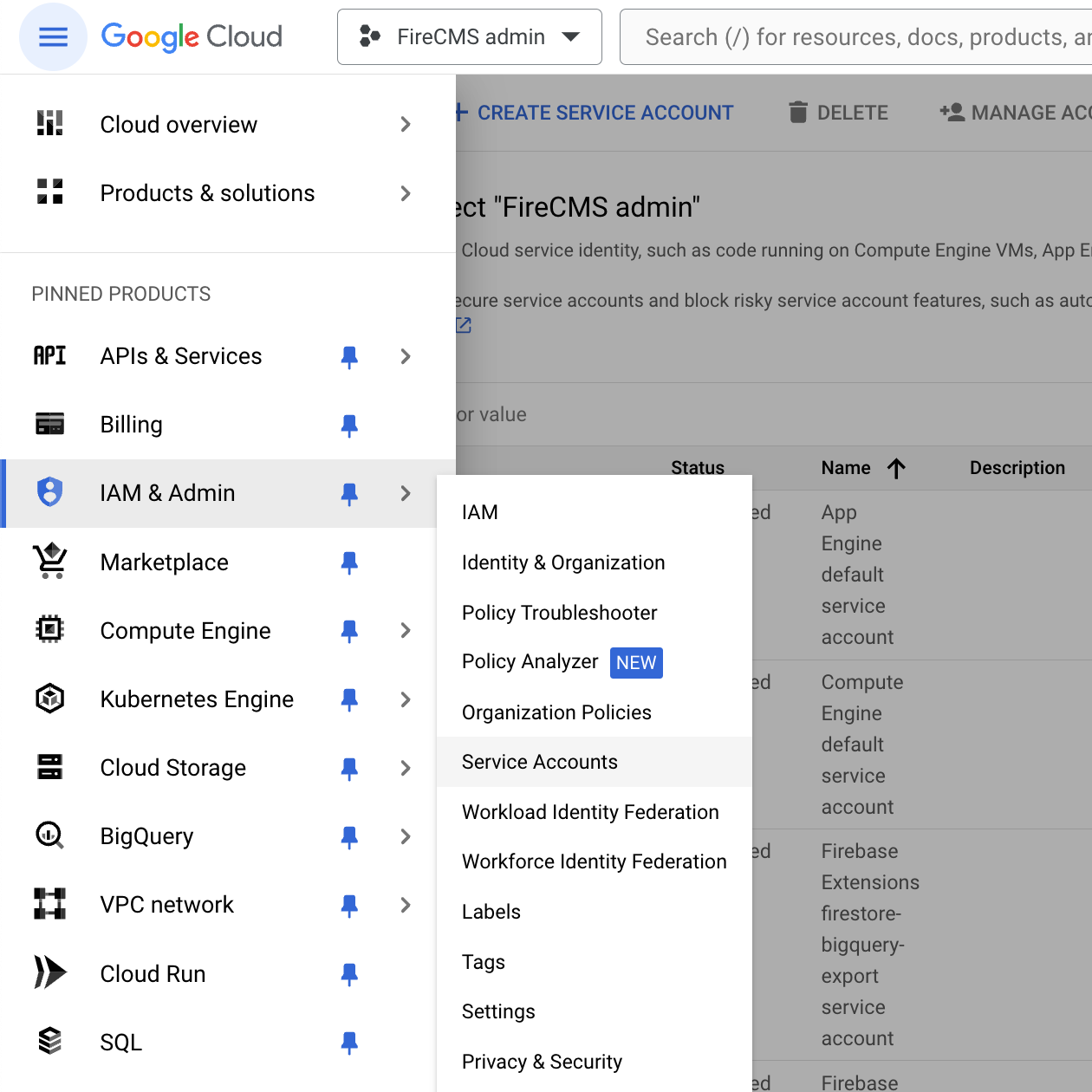 Service accounts menu