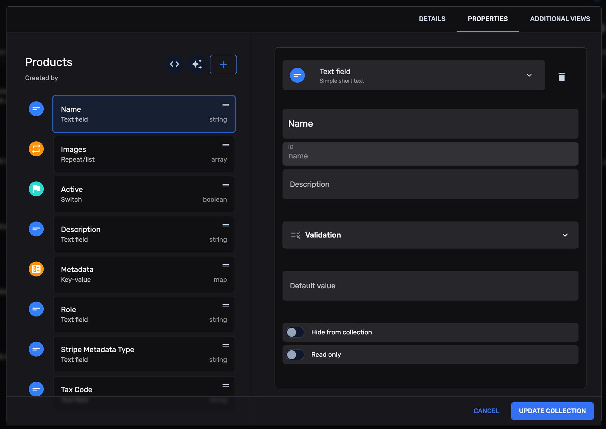 FireCMS collection editor