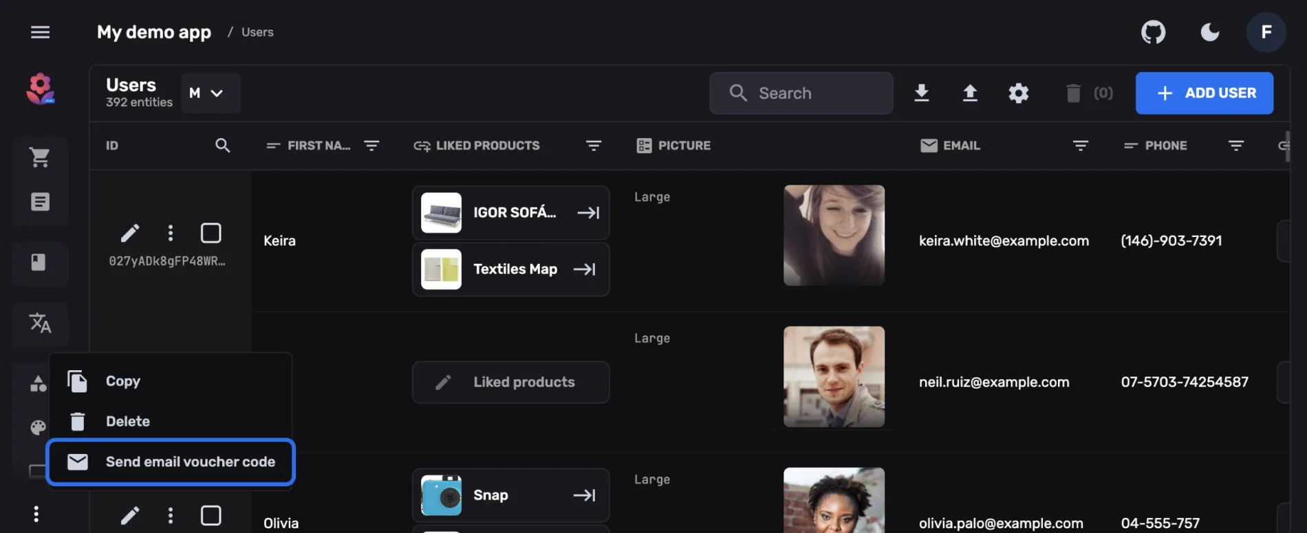 A Users collection in FireCMS showing referenced products, image previews from Firebase Storage, email and phone columns, and a custom row action
