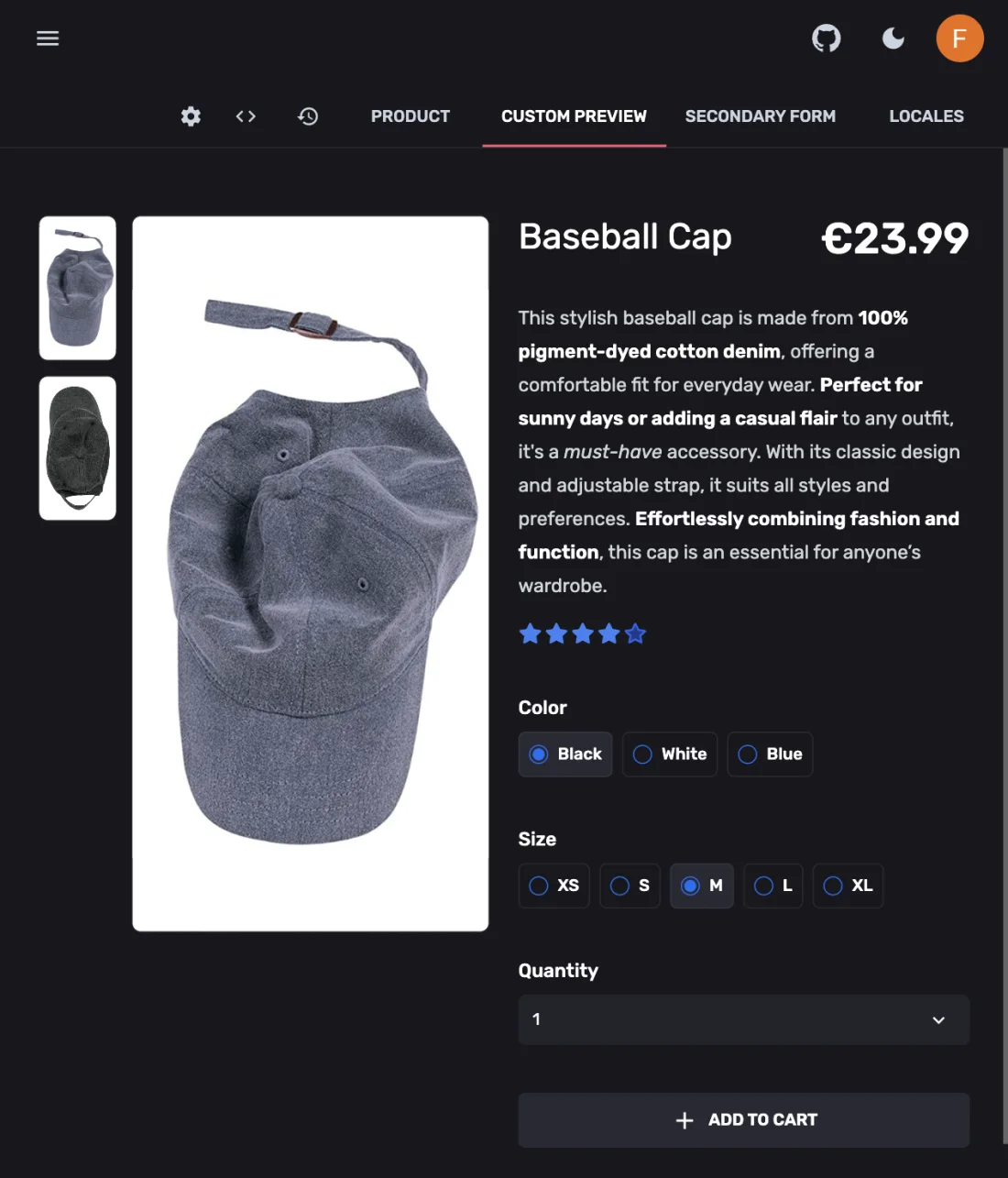A product document open in FireCMS with Product, Custom preview, Secondary form and Locales tabs, showing a fully custom React preview of the entity