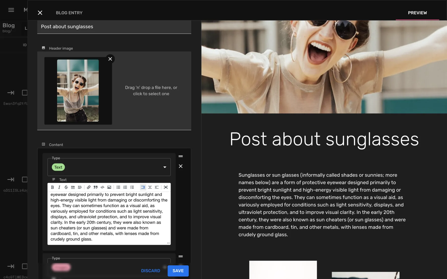 A blog entry open in the FireCMS side panel: a header image upload field and a block content editor on the left, with a live rendered preview of the post on the right